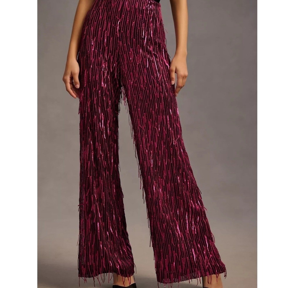 Anthropologie Maeve Sz 0P Wide Leg Pants Fringe Sequin Festival Party Rave Pink
